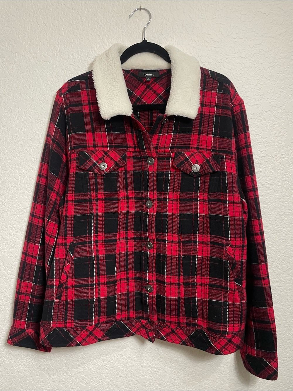 Torrid Red Black Plaid Sherpa Collar Jacket Size 2 Plus Size Trucker Shacket - Picture 2 of 10